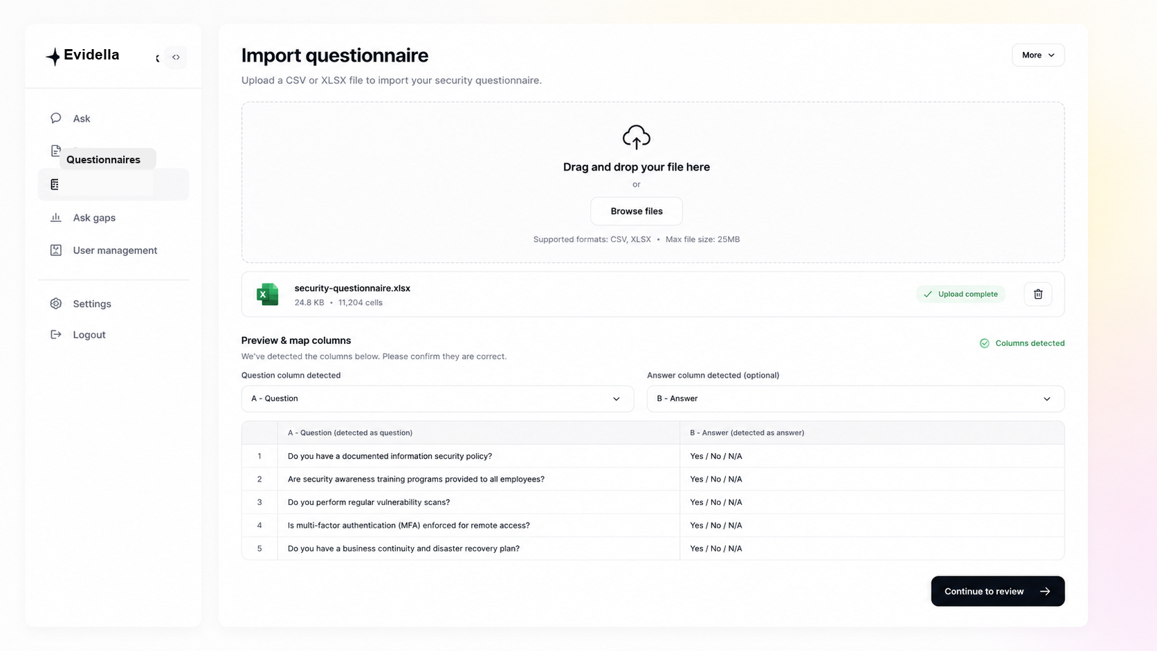 Evidella questionnaire import screen for CSV and XLSX files