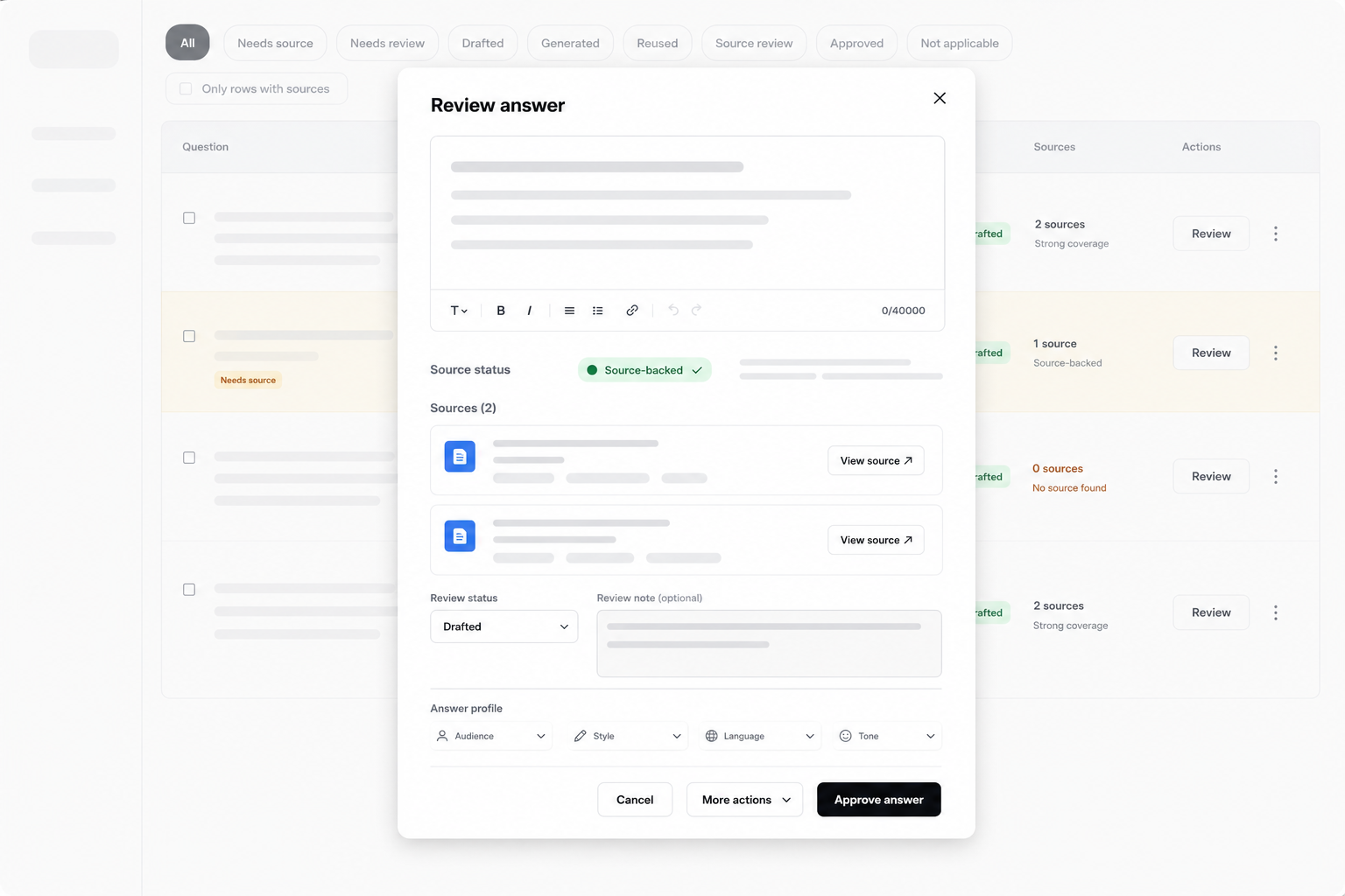 Evidella review answer modal with editable answer, source status, source cards, answer profile, and approve button