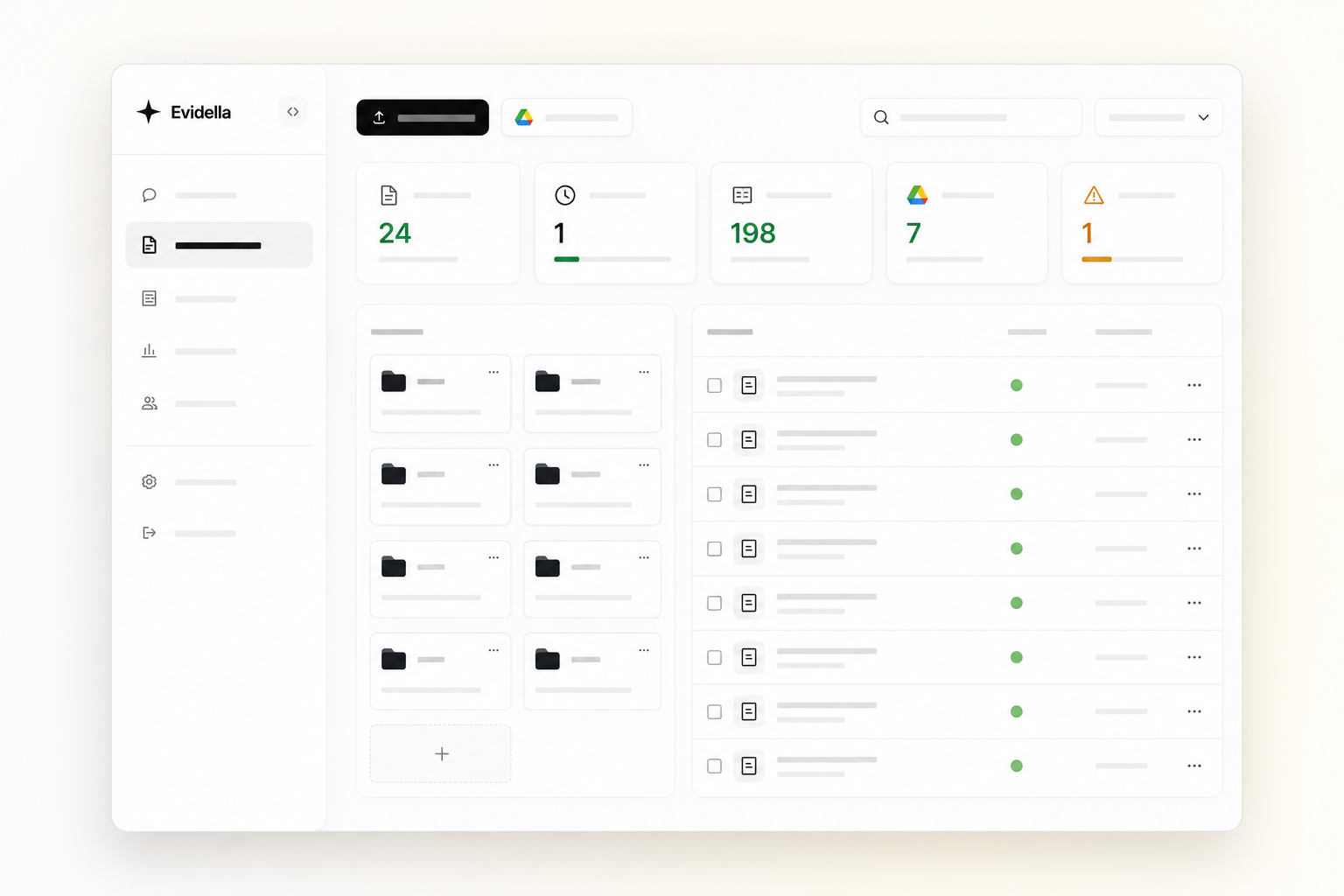 Evidella source library with approved folders, indexed sections, and searchable documents